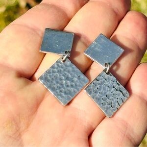 .925 Silver Hammered Textured Square Dangle Stud Earrings 2”